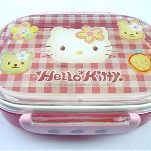 Hello Kitty Bento Lunch Box Red Plaid Checkered Lid Dish Japanese Kawaii Plastic